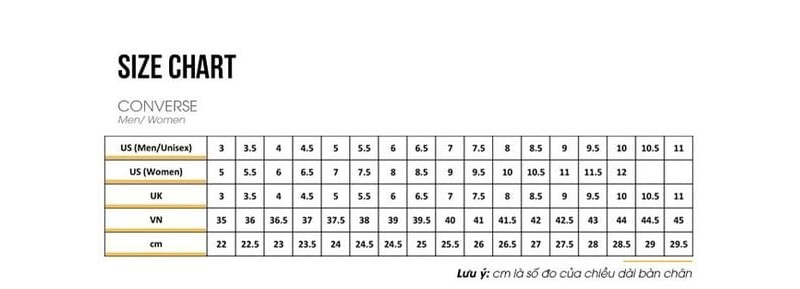 bảng size giày converse